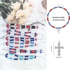 LIYAPEI Bling Ice Collection Baseball Necklace for Boys, crucifix cross pendant necklace colorful Rhinestone Beads Beaded Necklace for Men Women Baseball Team Lovers (18in, red light blue white)