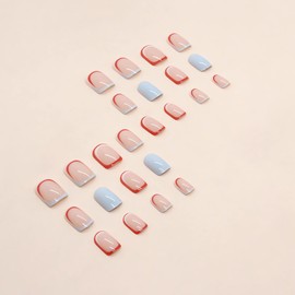 IMSOHOT Square Press on Nails Short French Tips Fake Nails with Red Blue Designs Full Cover Acrylic False Nails Cute Glossy Glue on Nails Nature Artificial Nails for Women and Girls 24Pcs