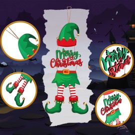 Merry Christmas Hanging Sign Elf Winter Decorative Wall Signs Wood Elves Christmas Decorations Elf Legs Hat Christmas Wall Decor Farmhouse Wall Pediments Wooden Door Sign for Home Outdoor Indoor Xmas