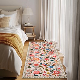 Area Rugs 2x6 Washable Rug Non-Slip Runner Rug for Hallways, Floral Vintage Kitchen Rugs Non Slip Low Pile Stain Resistant Kitchen Mat, Ultra-Thin Carpet for Kitchen, Entryway, Boho Home Décor, Beige