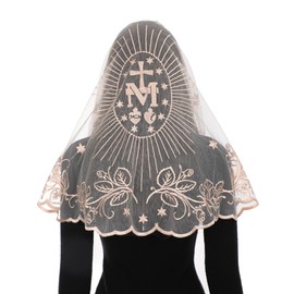 Bozidol Mantilla Veils for Church Catholic, Champagne Marian Cross Embroidered Lace Chapel Veil, Latin Mass Prayer Scarf Head Coverings for Women