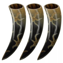 Armory Replicas Set of 3 Handcrafted Natural Buffalo Horns with Earth Designs Medieval Drinking