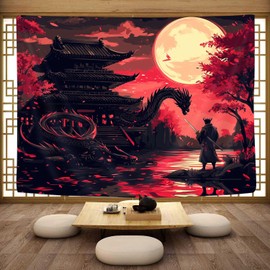 PAOPOED Anime Samurai Tapestry, Cool Japanese Black and Red Art Tapestry Wall Hanging for Men，Asian Medieval Fantasy Dragon Mountain Decor for Classroom Bedroom Living Room Dorm Decor, 60X40 Inch