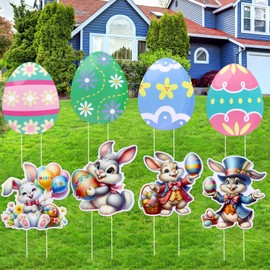 Happy Easter Outdoor Decorations Outside Corrugated Plastic Yard Signs with Stakes 8 PCS Bunny Rabbit Easter Eggs Waterproof Lawn Patio Garden Spring Decor for Hunt Game Party Supplies Photo Props