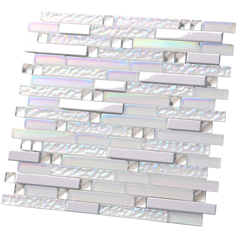 Hominter Glass Metal Tile Linear Mosaic Iridescent White Crystal Glass
