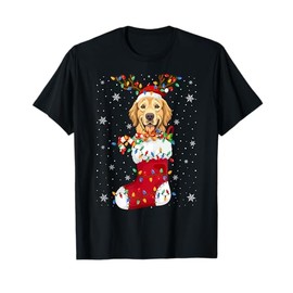 Santa Golden Retriever Puppy Dog In Socks Xmas Tree Lights T-Shirt