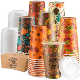 Sunnychicc 24 Set Fall Disposable Coffee Cups with Lids and Sleeves 16oz Maple Leaves Paper Cups Beverage Drinking Cup Thanksgiving Harvest Autumn Party Restaurant Travel Business Supplies 6 Styles