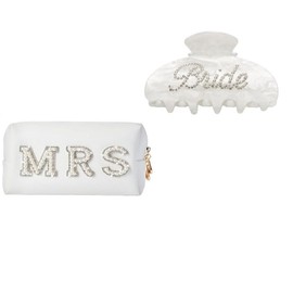 Liyquint Bride Letter Makeup Bag - Sparkling Rhinestone & Pearl Wedding Cosmetic Case, Waterproof PU Toiletry Travel Bag for Bride to Be, Bachelorette Party Essentials, Bridal Shower Gift (White)