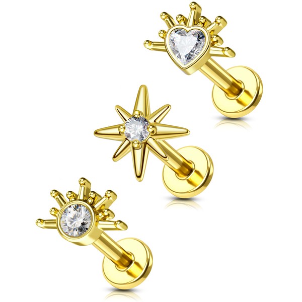 COCHARM 3PCS G23 Titanium Tragus Helix Cartilage Earring Studs Heart