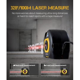 2-in-1 Laser Tape Measure, MAYSYU 328Ft/100M Laser Measure & 16Ft/5M Self-Locking Tape Measure, Support USB-C Charging, with Area and Volume Measurement, Flexible Unit Switching (M/in/Ft)