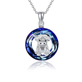 ONEFINITY Highland Cow Necklace 925 Sterling Silver Blue Crystal Cow Pendant Jewellery for Women, Sterling Silver