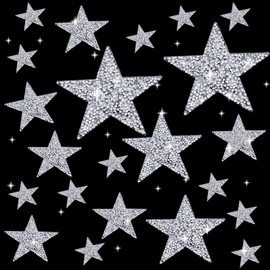 22 Pieces Star Iron on Patches Rhinestone Applique Silver Adhesive Hot Glue Star Shape Glitter Crystal Patches for Clothing Repair, Jeans, Bags, Hats and DIY Accessory
