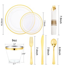 WELLIFE 350PCS Clear-Gold Plastic Plates - Gold Plastic Dinnerware Sets for 50 Guests - 100 Gold Disposable Plates, 150 Gold Plastic Silverware, 50 Cups, 50 Napkins for Wedding & Party