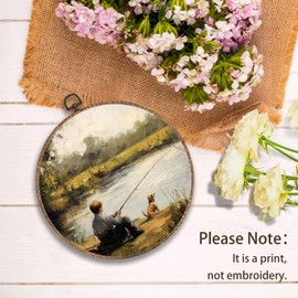Yorhifa Vintage Boy Fishing Framed Wall Art, Farmhouse Country Landscape Round Wall Art, Rustic Fishing Round Walls Decor, Retro Dog Circle Canvas Artwork Hanging Decor, 10x10in