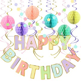 BELEFU Colorful Birthday Decorations Pack with Pre-Strung Happy Birthday Banner, Dot Garland, Double Hanging Swirls, Honeycomb Ball Macaron Party Decorations for Women Girls Boys Backdrop Supplies