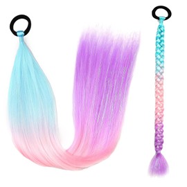 JIAMEISI Rainbow Ponytail Extensions With Hair Tie 2 Packs 40g/Pack Coloured Hair Extensions for Braiding 18 inch Colorful Ombre Mermaid Pony Tail Synthetic Hair Extensions for Girl Women SS35