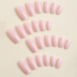 Nude Pink Press on Nails Medium Square, Simple Glitter French Fake Nails Full Cover Reusable Glue on Nails Artificial Acrylic False Nails Removable Manicure Nails for Women Girls Nail Decoration 24Pcs