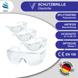 kela Pack of 4 Safety Glasses P1S1 I 100% Made in Germany | Shatter-Free Work Safety Glasses with Anti Fog and UV Coating I Lightweight and Transparent I Over Glasses for Glasses Wearers Sports