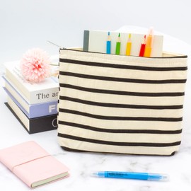Makeup Bag Large Zipper Make Up Pouch for Purse Travel Canvas Cosmetic Organizer for Women Brush Storage,Cotton Stripe White