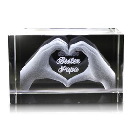 VIP-LASER 3D Glass Crystal with Engraving I Heart in Two Hands I Text: Bester Papa! The Great Gift for Father's Day, Birthdays or Christmas