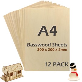 Pack of 12 Wooden Plywood Balsa Model Making Wooden Board Craft Sheets Raw Wood for Model Building, Pyrography Laser Engraving Laser Engraving 200 x 300 x 2 mm