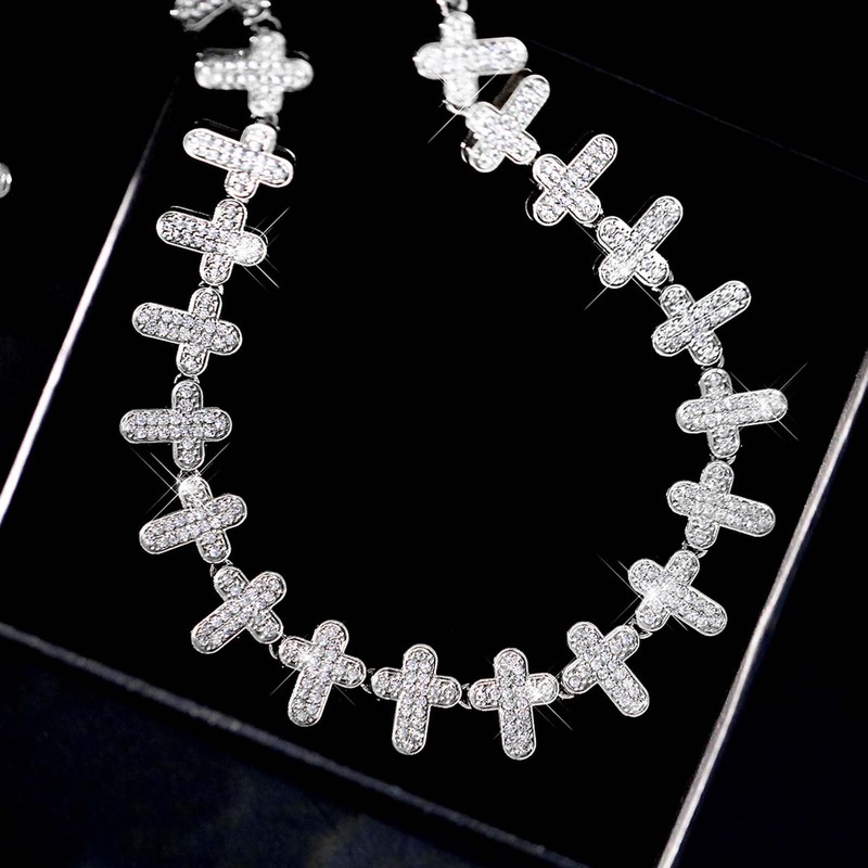 Xikui Rhinestone Cross-style Cuban Chain, Silver-plated Gold-plated Bling Necklace, 13MM