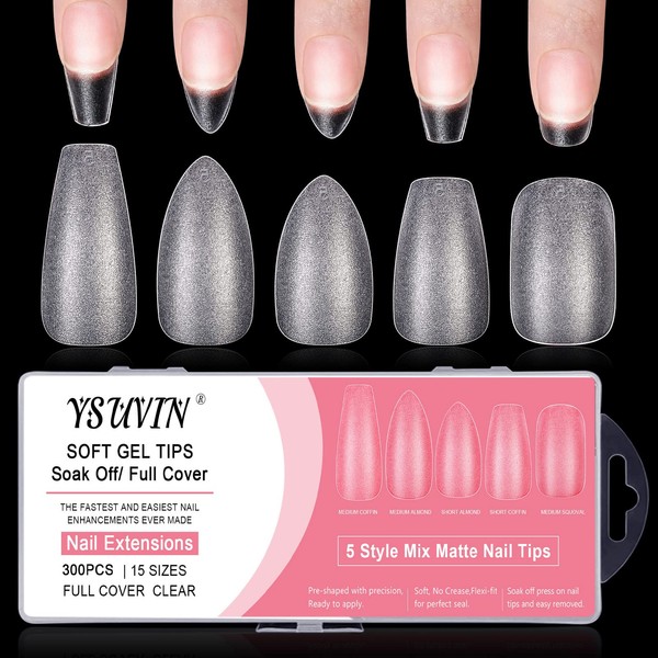 YSUVIN Nail Tips, Pack of 300 Fake Nails, Transparent, 15 Sizes, Artificial Nail Tips, Full Coverage Fake Nail Extension, Ballerina/2 Almond/Short Square/Short Coffin