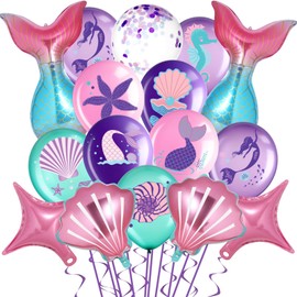 Capoda 44 Pieces Mermaid Theme Balloons Mermaid Party Decorations Mermaid Tail Sea Shell Seahorse Starfish Balloons Purple Pink Mermaid Balloons for Under The Sea Birthday Shower Supplies