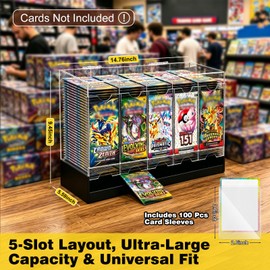 GGV 5-Slot Acrylic Booster Pack Dispenser, Black Base 200 Pack Capacity, Top Flip Lid, for Collection, Game Store & Card Show Display, includes 100 Count Card Sleeves