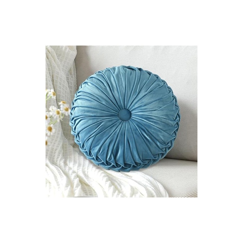 Hig Juego Almohadas Decorativas Redondas Plisadas Terciopelo Azul Polvoriento