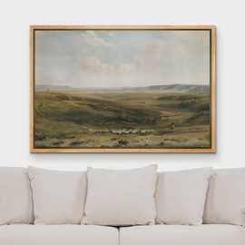 MUDECOR Framed Canvas Print Wall Art Tranquil Pastures Landscape Vintage Classic Illustrations Fine Art Decorative Zen Multicolor Country/Farmhouse Retro for Bedroom - 16"x24" Natural