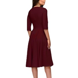 FENJAR Womens Elegance Audrey Hepburn Style Ruched 3/4 Sleeve Midi A-line Dress