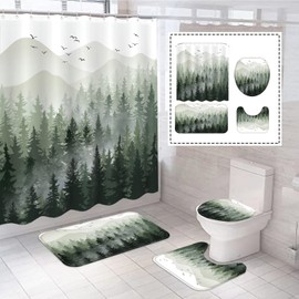 Fungarth 4 Pcs Green Misty Forest Shower Curtain Set with Rug Nature Mountain Bathroom Sets with Waterproof Fabric Shower Curtain and Non-Slip Rugs Toilet Lid Cover Bath Mat Decor with Hooks (Green)