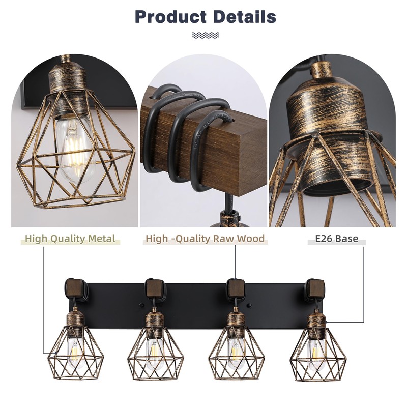 Farmhouse Bathroom Vanity Light Fixtures, 4-Light Black Gold Bathroom Light