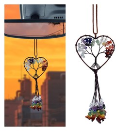 Chakra Colored Stones Car Rear View Mirror Charm, Handmade Auto Mirror Hanging Accessories, Crystal Tree of Life Car Ornament, Lucky Auto Interior Decoration Pendant for Women Men (Heart Shape)