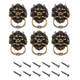 uxcell 6 Pcs Lion Head Pulls Knob, 6 Inch Zinc Alloy Vintage Lion Door Handle Decorative Front Door Knob Ring Pull Handle for Gate Cabinets Drawers, Brass