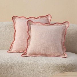 Double Stitch Scalloped Throw Pillow Covers - 100% Cotton Set of 2 Decorative Boho Pillow Covers 18 x 18, Made in India, Square Cushion Case, Modern Home Decor for Couch Sofa Living Room, Shell Pink