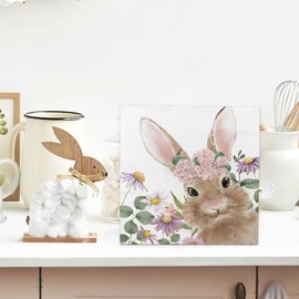 Yetmadi Spring Bunny Decor Wooden Box Sign, Spring Pink Floral Rabbit Wooden Sign Decor, Spring Tiered Tray Decor, Spring Decoration for Home Indoor Farmhouse Desk Shelf Table, 5x5 Inch