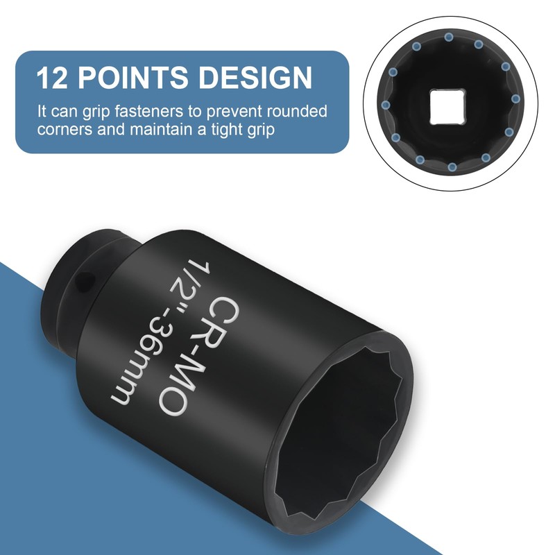 36mm Socket, Deep Impact Socket 1/2" Drive, 12 Ponit Point