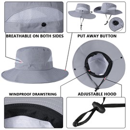 TAGVO Men's UV Protection Fishing Hat, Quick Drying and Foldable Sun Hat, Boonie Hat, Bucket Hat with Breathable Mesh on Both Sides and Adjustable Buckle, Hiking Hat, Safari Hat in Cowboy Style, gray