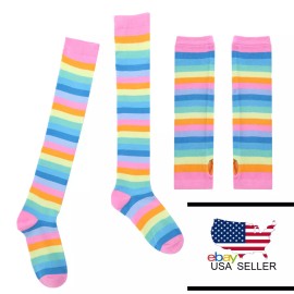 Rainbow Women's  Knee High Socks Striped Fingerless Gloves Set