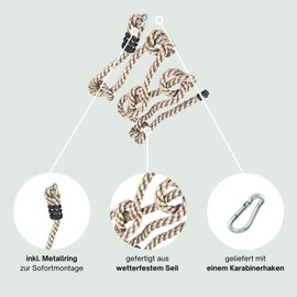 h2i Climbing rope for children, climbing rope with 4 knots, knot rope for play tower, tree house and climbing tower, rope including locking ring and carabiner, outdoor climbing toy, length 2 m