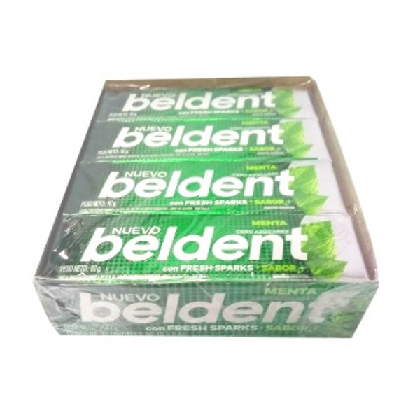 Beldent Chicle Menta Mint Bubblegum with Fresh Sparks - No Sugar Added, 10 g / 0.35 oz (box of 20)