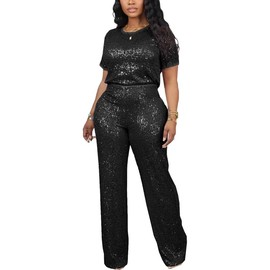 LROSEY Women's Sequin Short Sleeve Outfits Rompers Plus Size Top Pants Glitter Concert Suit (Black, 3XL)