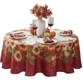 Newbridge Thanksgiving Autumns Bounty Bordered Round Fabric Tablecloth, 70 Inch, Bountiful Farm Pumpkin Fall Harvest Multicolor Easy Care Table Cover for Holiday Party