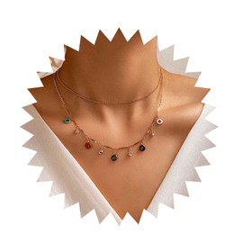 Inilbran Boho Layered Crystal Choker Necklace Vintage Rainbow Circle Dangle Necklace Gold Colorful CZ Circle Necklace Multilayered Crystal Chain Necklace Jewelry for Women and Girls