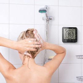 PCXWTLN Bathroom Clock Waterproof, Digital Shower Clock with Alarm-Bathroom Humidity Temperature Meter, Digital Shower Wall Clock with Timer Touch Screen Suction Cup Hole for Bathroom Kitchen (Black)