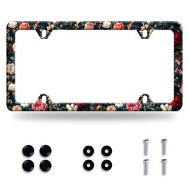 Retro Pink Floral License Plate Frame Personalise Rose Flowers License Plate Frames Funny Auto Accessory Stainless Steel Colorful License Plate Decoration for Women 12 x 6 Inch