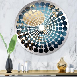 DesignQ Cerulean Cycle Dreams: Moon in Blue and Gold IV - Moon Radial Dot Fantasy - 32 Inches - Round Decorative Wall Mirror for Bathroom, Bedroom, Entryway, Living Room, Vanity Room and Modern Décor