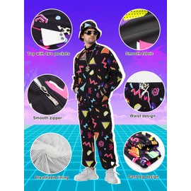 Ezuwail Tracksuit Men's 80s Hip Hop Costume 80s Costume Men's 90s Outfit Men's Costume Men's Carnival Costume 9 Pieces (Black/M)